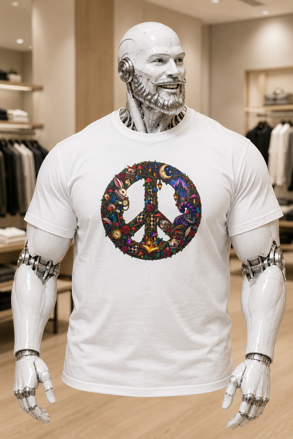 Peace Sign Floral T‑Shirt — Retro Hippie Peace Symbol Graphic Tee. Cheshire whimsy.