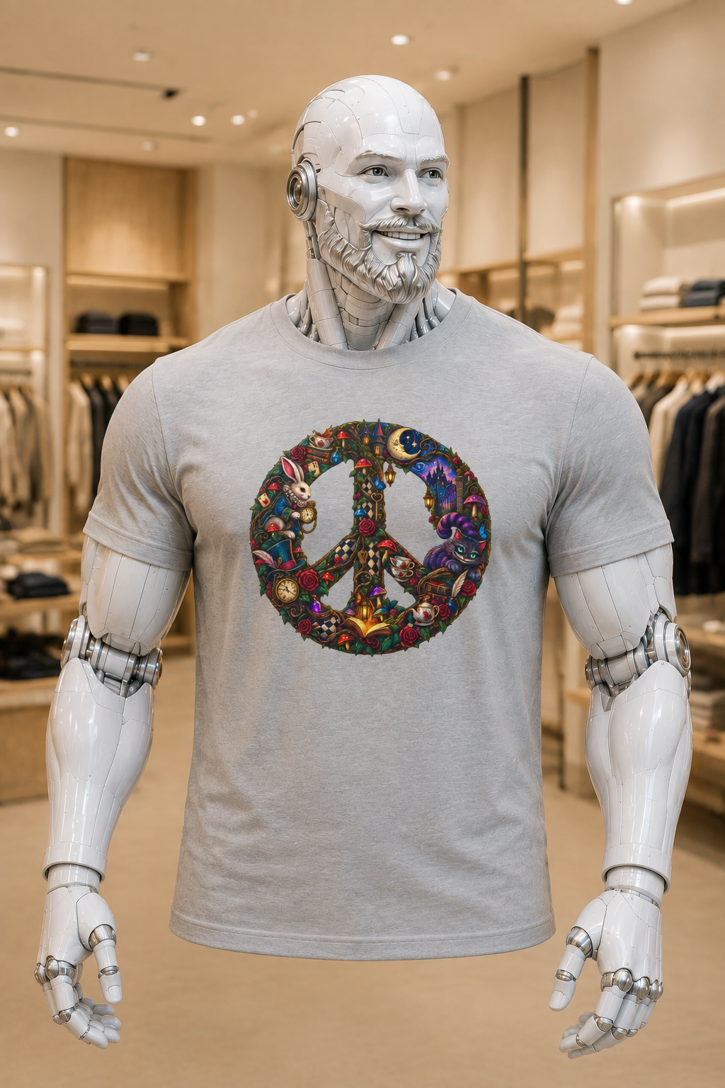 Peace Sign Floral T‑Shirt — Retro Hippie Peace Symbol Graphic Tee. Cheshire whimsy.