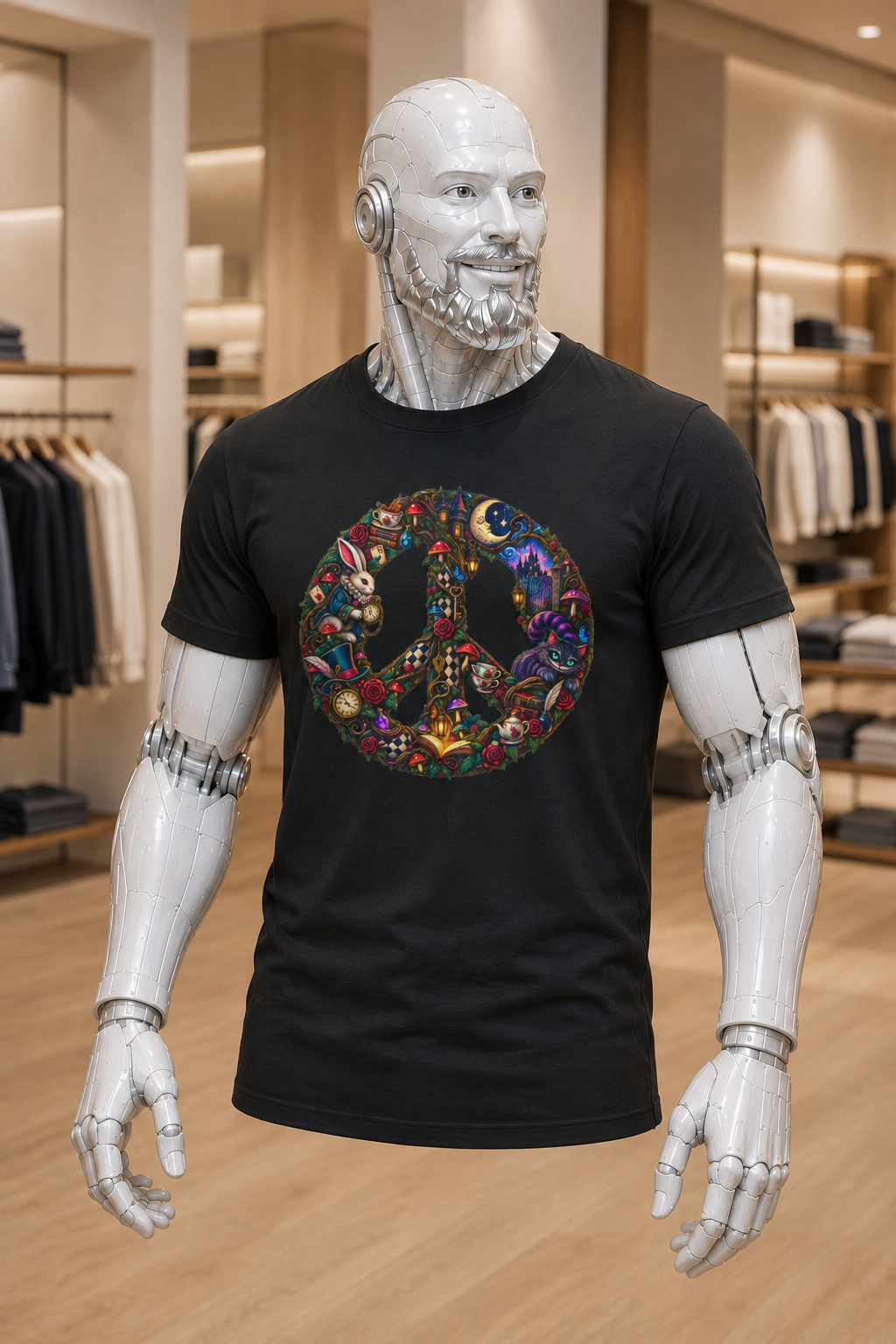 Peace Sign Floral T‑Shirt — Retro Hippie Peace Symbol Graphic Tee. Cheshire whimsy.