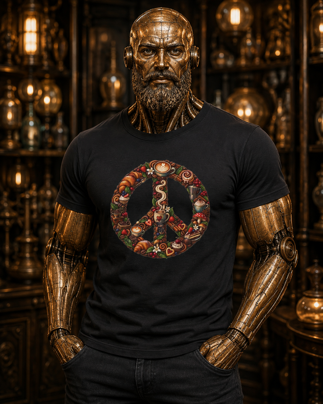 Peace Sign Tee — Autumn Harvest Floral Peace Symbol with Coffee shirt.