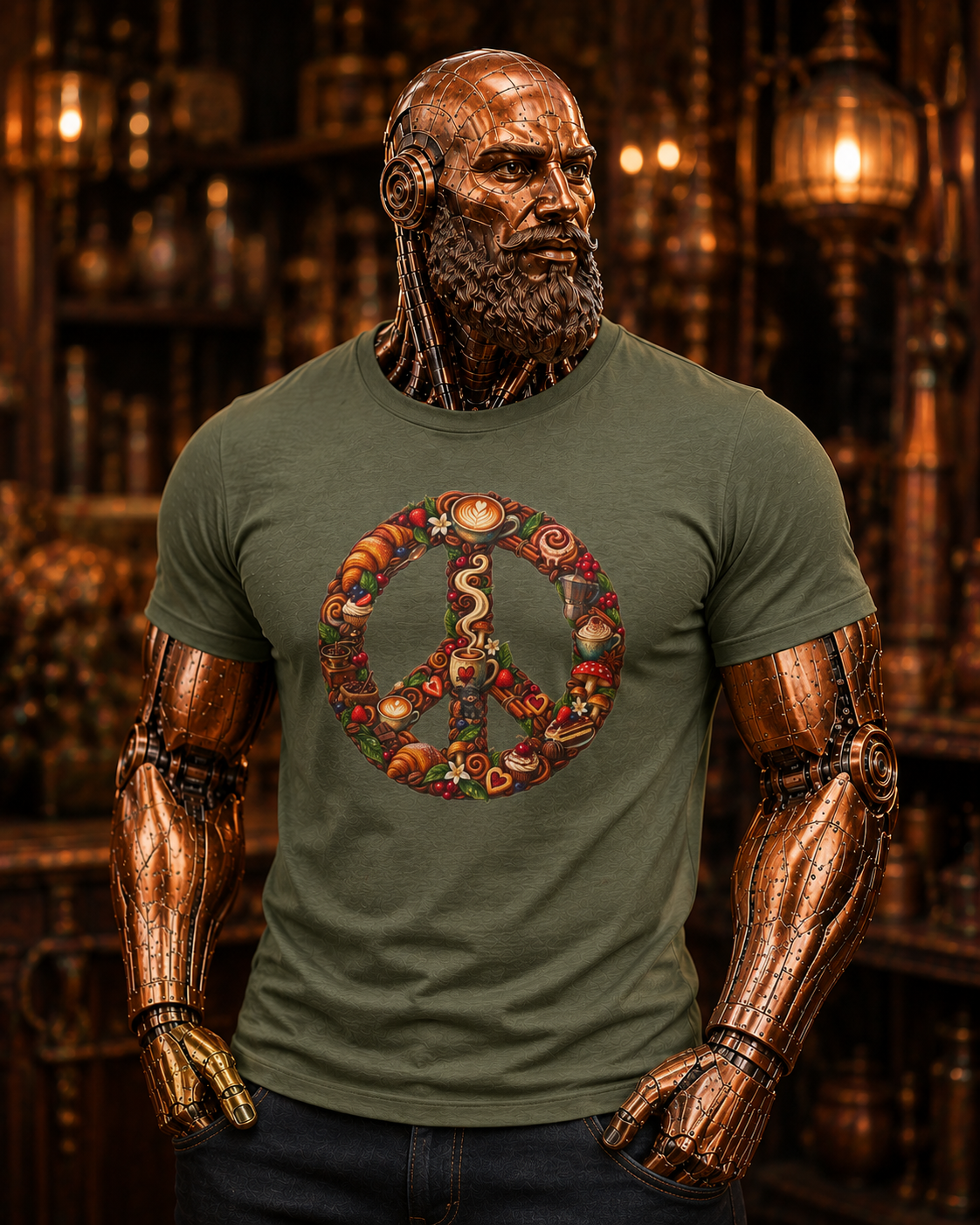 Peace Sign Tee — Autumn Harvest Floral Peace Symbol with Coffee shirt.