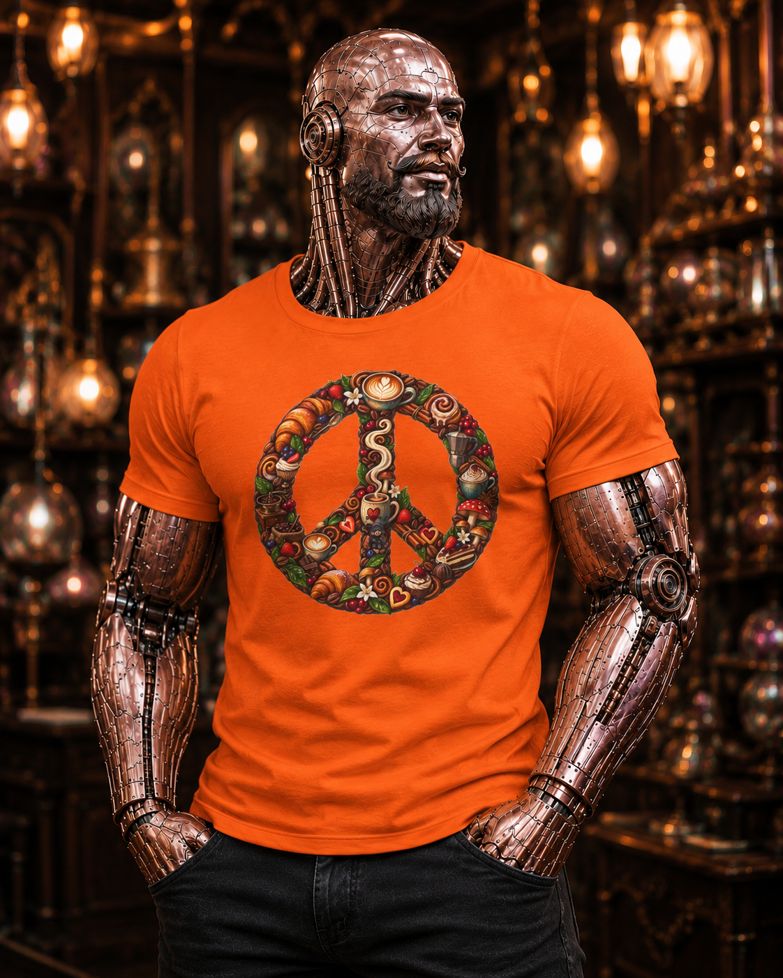Peace Sign Tee — Autumn Harvest Floral Peace Symbol with Coffee shirt.