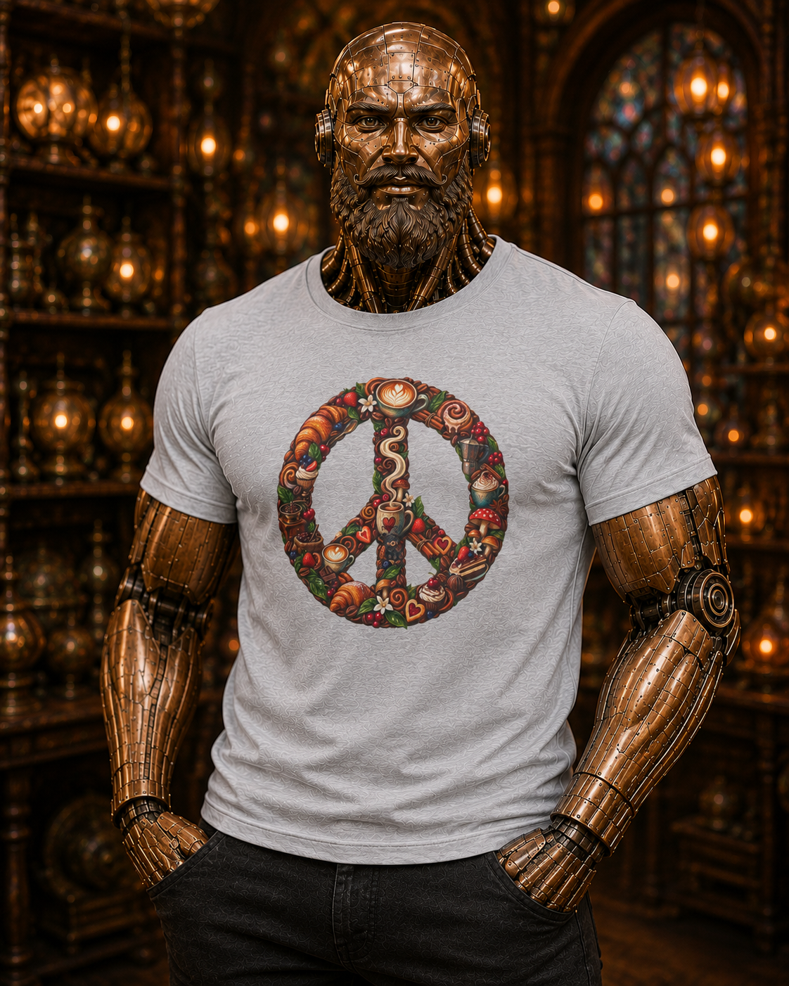 Peace Sign Tee — Autumn Harvest Floral Peace Symbol with Coffee shirt.