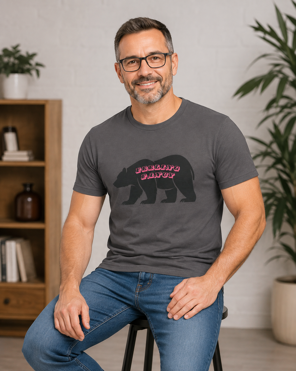 Bear Silhouette Tee — Retro Pink Script Graphic. Feeling Fancy