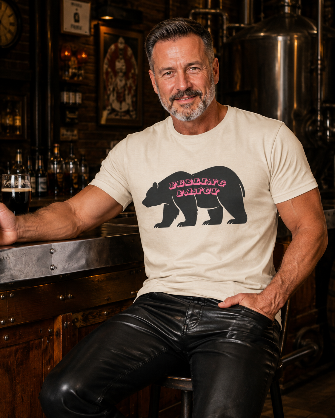 Bear Silhouette Tee — Retro Pink Script Graphic. Feeling Fancy