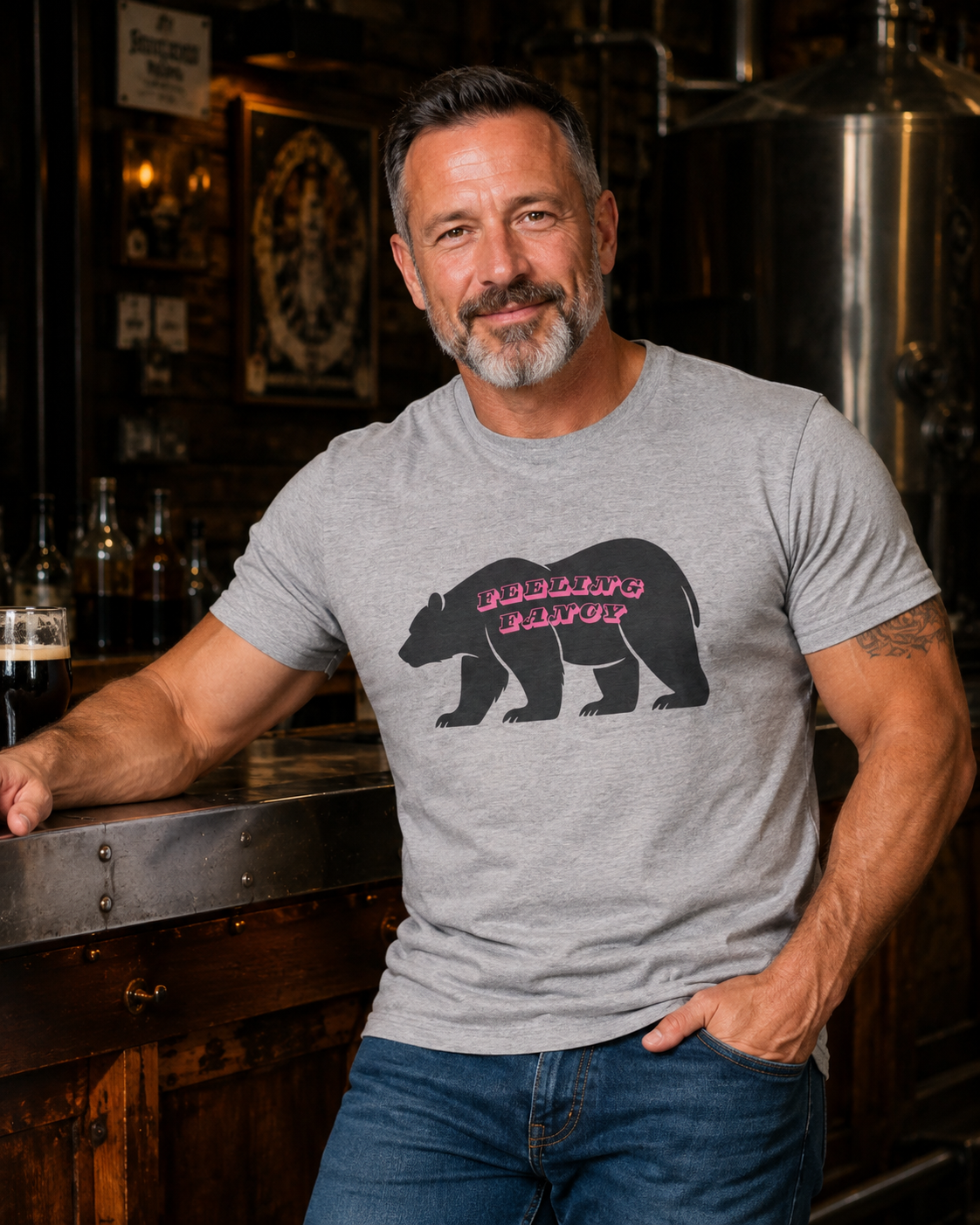 Bear Silhouette Tee — Retro Pink Script Graphic. Feeling Fancy