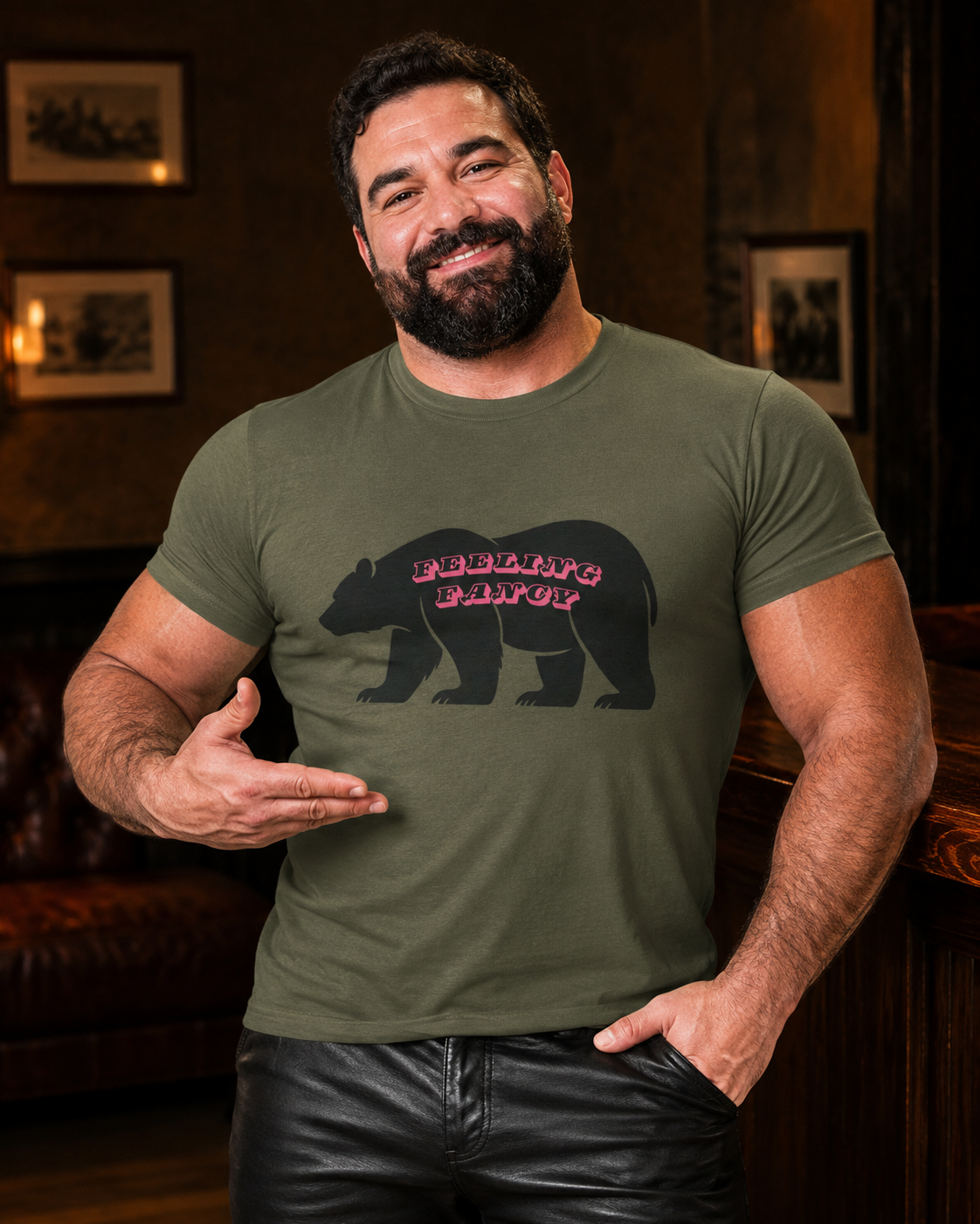 Bear Silhouette Tee — Retro Pink Script Graphic. Feeling Fancy