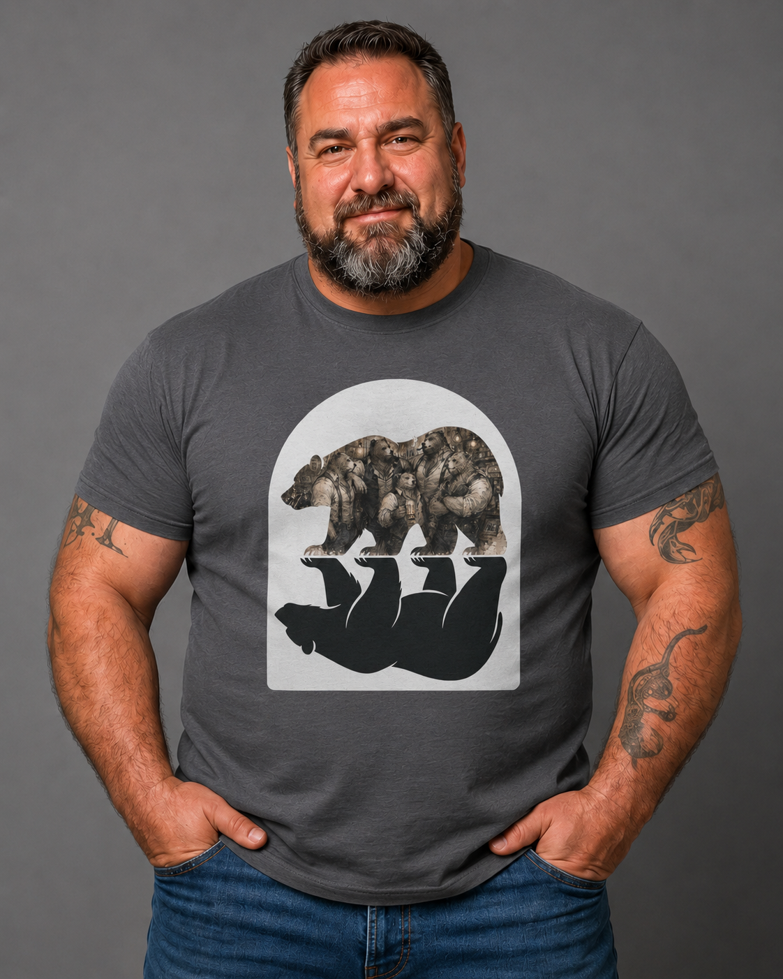 Bear man's shirt. Bear Reflection Graphic Tee — Vintage Wildlife Silhouette T-Shirt