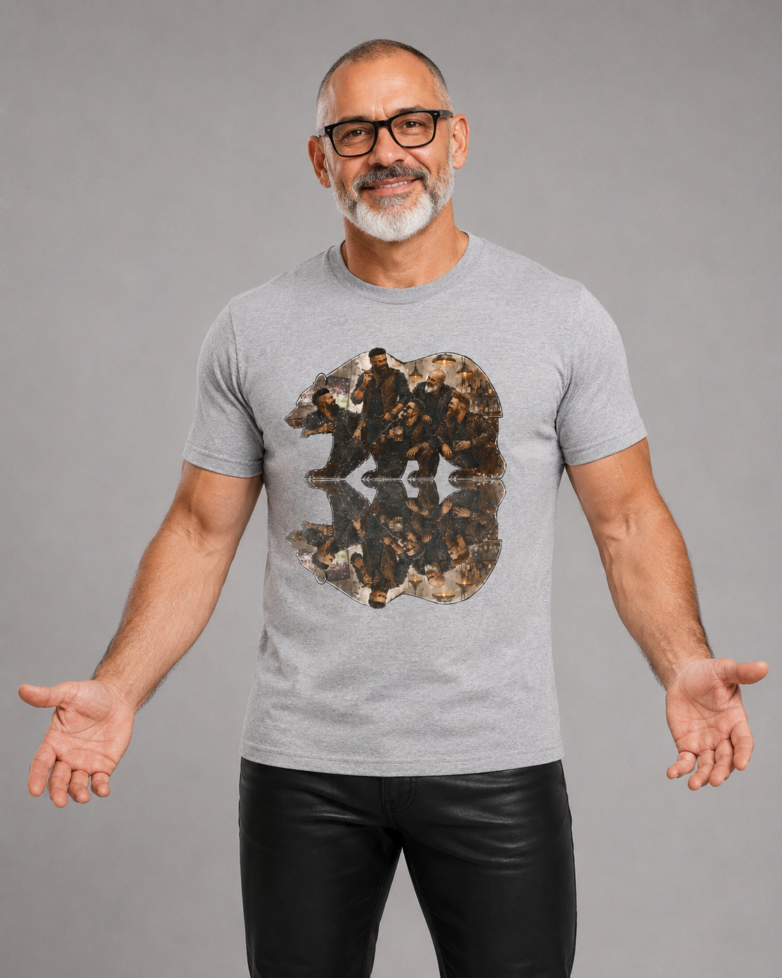 Bear men, friends gather, Reflection T-Shirt — Rustic Mountain Wildlife Graphic Tee