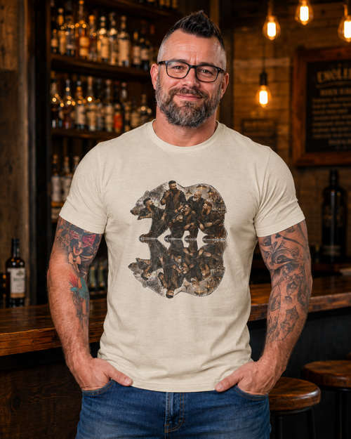 Bear men, friends gather, Reflection T-Shirt — Rustic Mountain Wildlife Graphic Tee