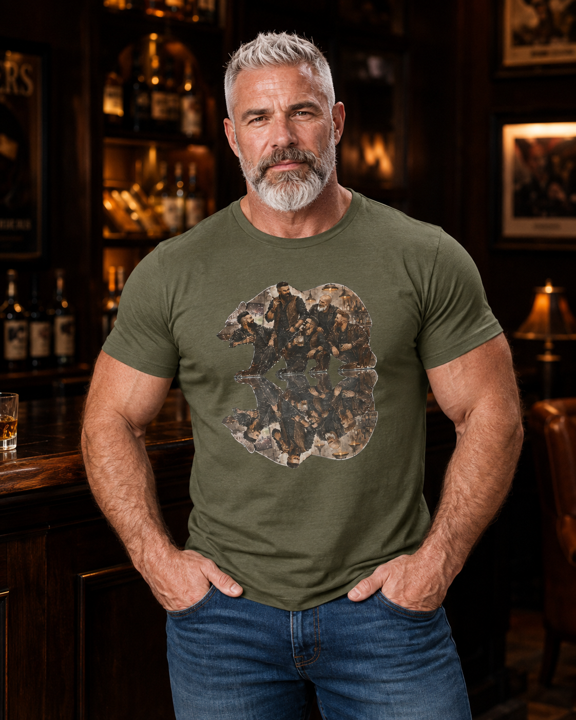Bear men, friends gather, Reflection T-Shirt — Rustic Mountain Wildlife Graphic Tee