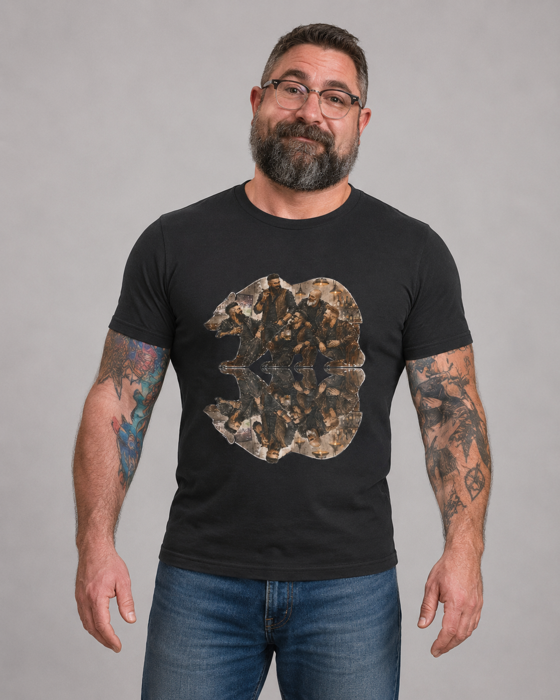 Bear men, friends gather, Reflection T-Shirt — Rustic Mountain Wildlife Graphic Tee