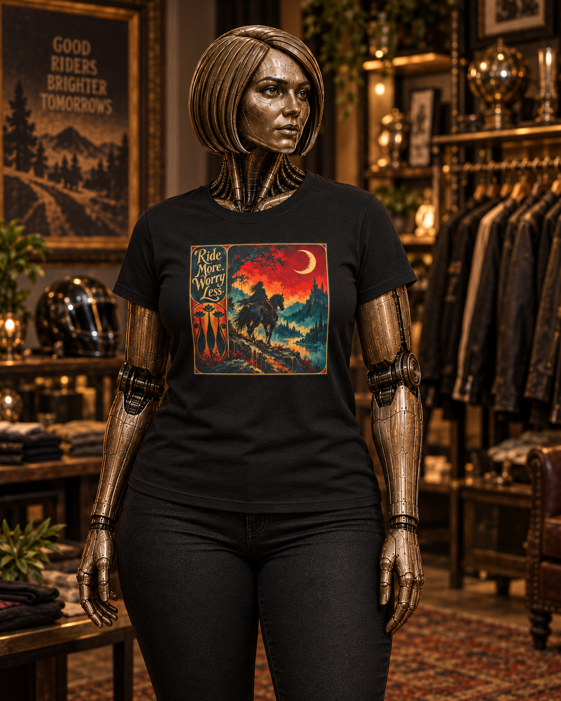 T-Shirt — "Ride More, Worry Less" Retro Cowboy Sunset Graphic Tee