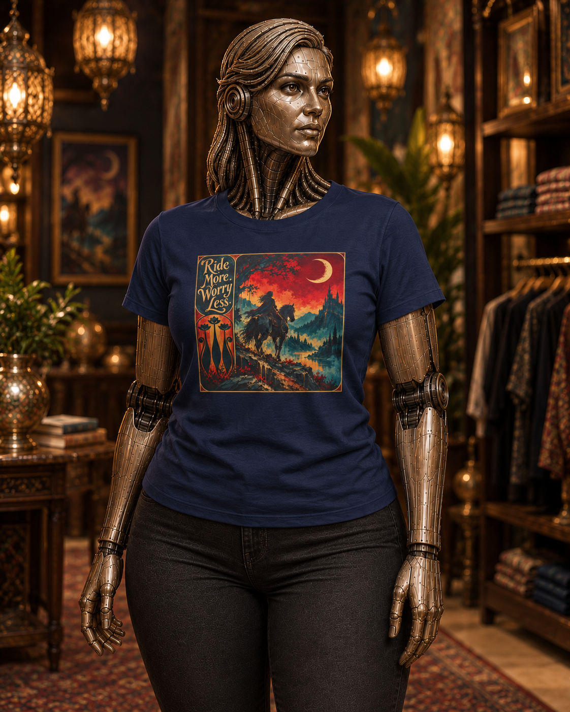 T-Shirt — "Ride More, Worry Less" Retro Cowboy Sunset Graphic Tee