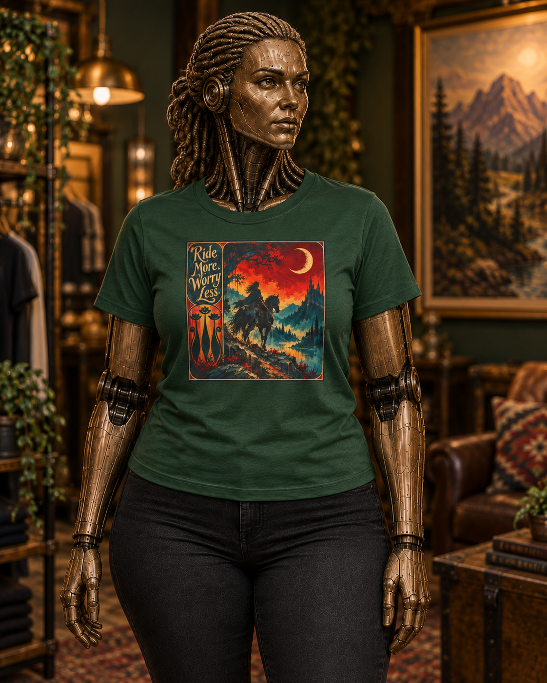 T-Shirt — "Ride More, Worry Less" Retro Cowboy Sunset Graphic Tee