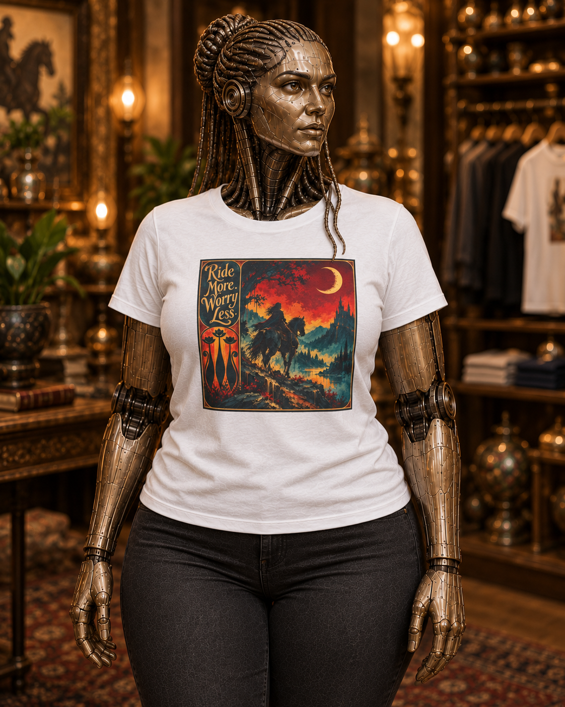 T-Shirt — "Ride More, Worry Less" Retro Cowboy Sunset Graphic Tee