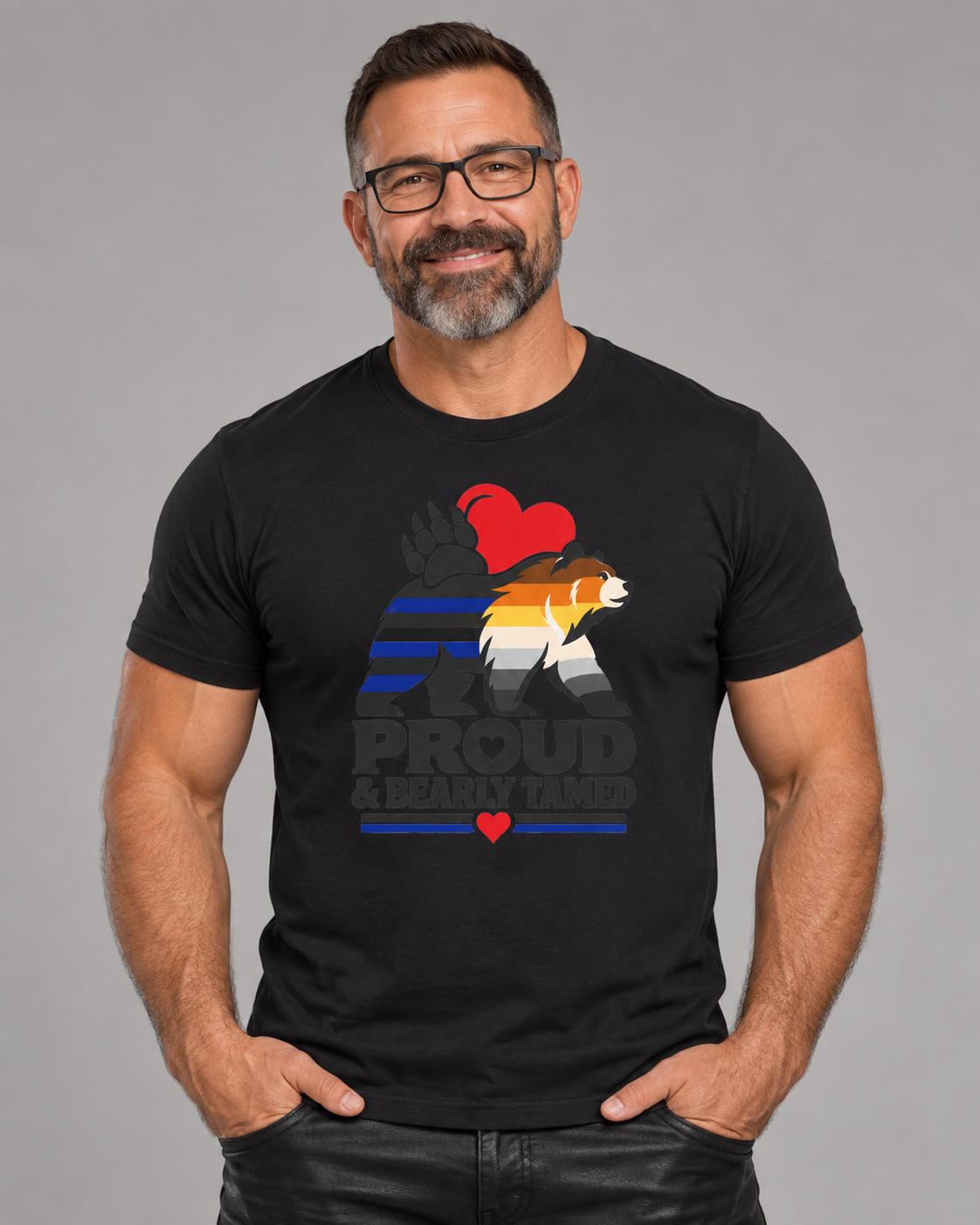 Proud & Bearly Tamed Bear T-Shirt. Men's Leather and bear pride shirt.