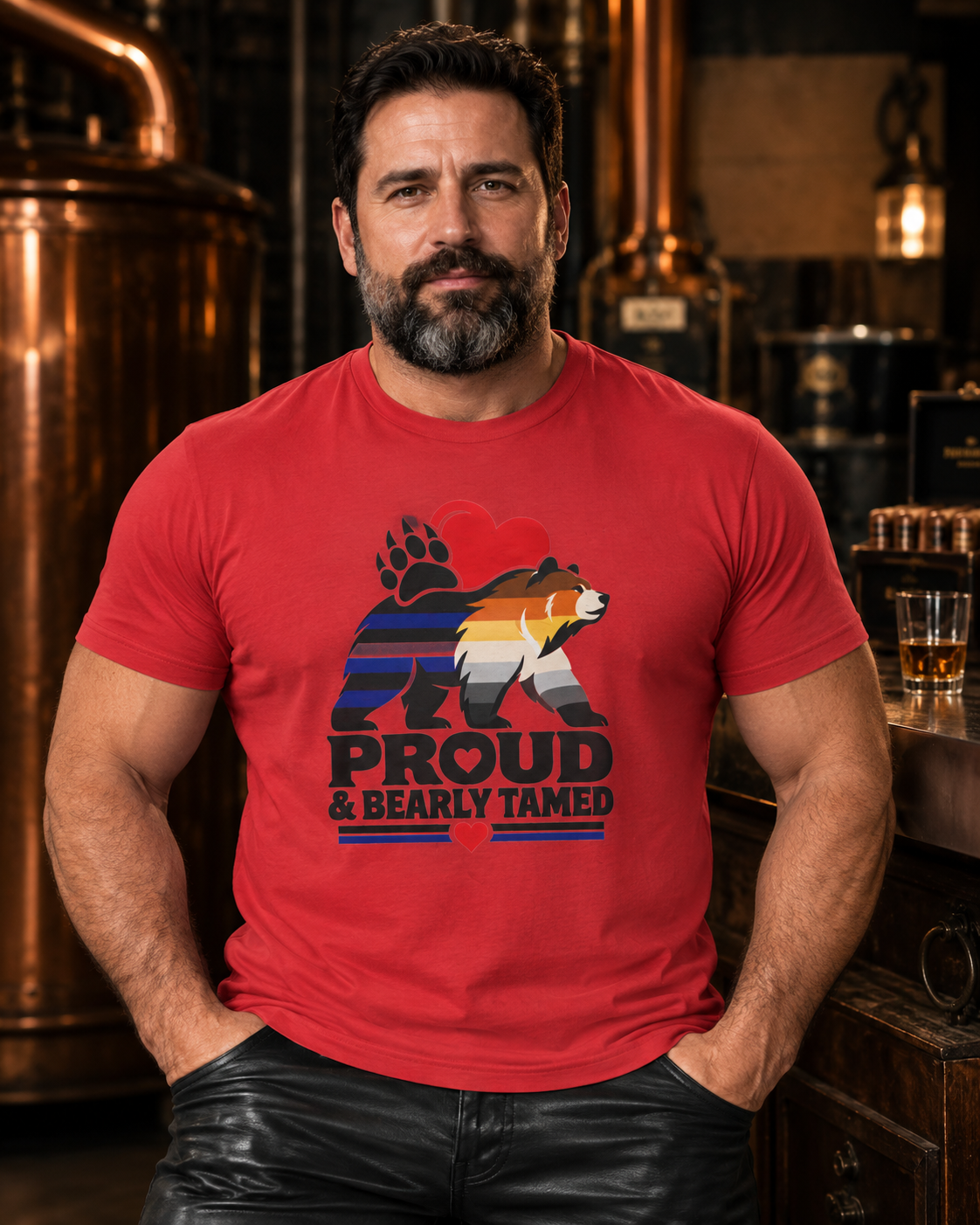 Proud & Bearly Tamed Bear T-Shirt. Men's Leather and bear pride shirt.