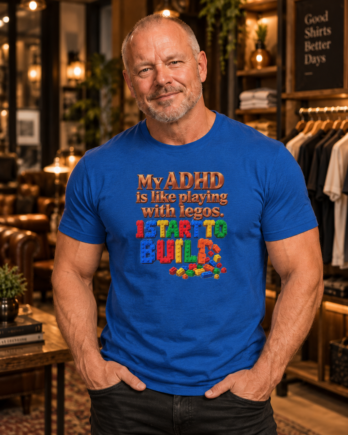 ADHD Lego Graphic Tee – "My ADHD is like playing with Legos. I start to build" Funny Neurology Shirt