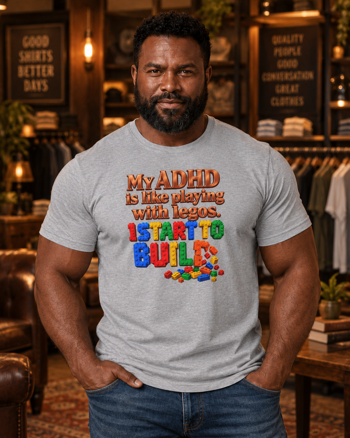 ADHD Lego Graphic Tee – "My ADHD is like playing with Legos. I start to build" Funny Neurology Shirt
