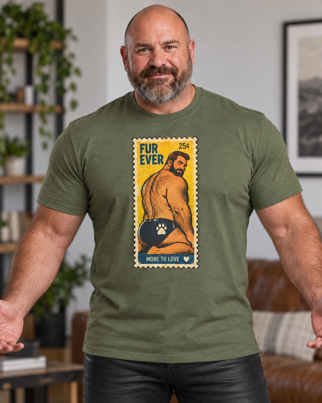 Gay Bear Shirt – Vintage Bear Pride Pin-Up T-Shirt, Retro Postage Stamp Art, LGBTQ Bear Culture Tee, Fur Ever