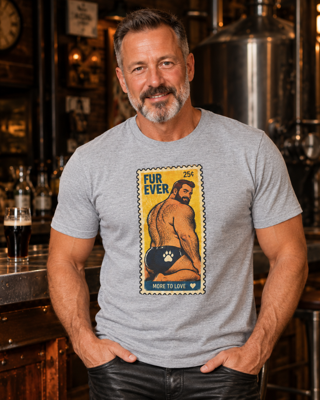 Gay Bear Shirt – Vintage Bear Pride Pin-Up T-Shirt, Retro Postage Stamp Art, LGBTQ Bear Culture Tee, Fur Ever