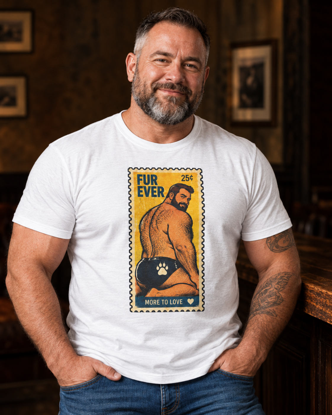 Gay Bear Shirt – Vintage Bear Pride Pin-Up T-Shirt, Retro Postage Stamp Art, LGBTQ Bear Culture Tee, Fur Ever