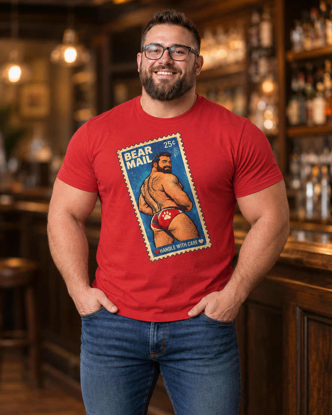 Gay Bear Shirt – Vintage Bear Pride Pin-Up T-Shirt, Retro Postage Stamp Art, LGBTQ Bear Culture Tee, Fur Ever