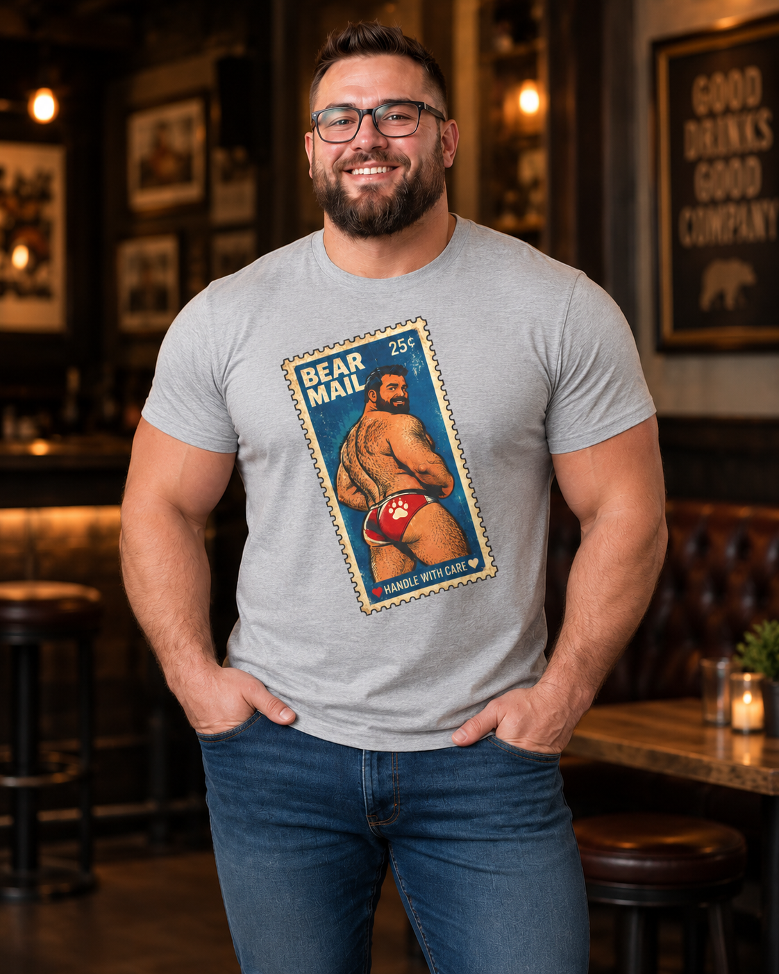 Gay Bear Shirt – Vintage Bear Pride Pin-Up T-Shirt, Retro Postage Stamp Art, LGBTQ Bear Culture Tee, Fur Ever