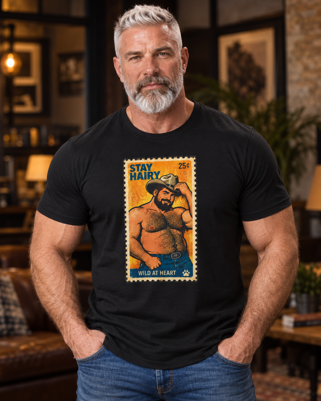 Gay Bear Shirt – Vintage Bear Pride Pin-Up T-Shirt, Retro Postage Stamp Art, LGBTQ Bear Culture Tee, Fur Ever