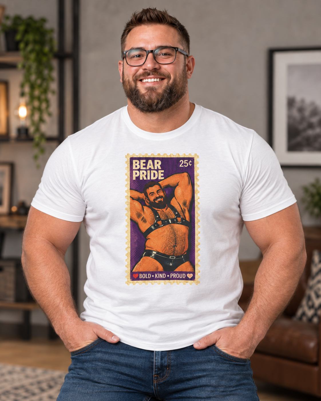 Bear Pride T-Shirt — Retro Stamp Design Gay Bear Shirt – Vintage Bear Pride Pin-Up T-Shirt, Retro Postage Stamp Art, LGBTQ Bear Culture Tee, Fur Ever