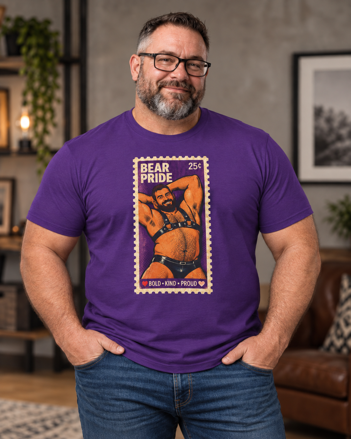 Bear Pride T-Shirt — Retro Stamp Design Gay Bear Shirt – Vintage Bear Pride Pin-Up T-Shirt, Retro Postage Stamp Art, LGBTQ Bear Culture Tee, Fur Ever