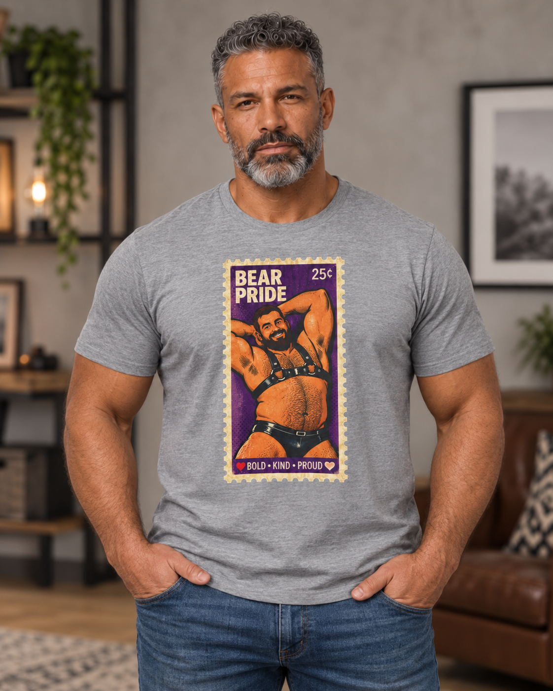 Bear Pride T-Shirt — Retro Stamp Design Gay Bear Shirt – Vintage Bear Pride Pin-Up T-Shirt, Retro Postage Stamp Art, LGBTQ Bear Culture Tee, Fur Ever