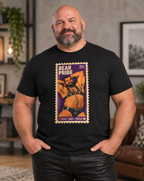 Bear Pride T-Shirt — Retro Stamp Design Gay Bear Shirt – Vintage Bear Pride Pin-Up T-Shirt, Retro Postage Stamp Art, LGBTQ Bear Culture Tee, Fur Ever
