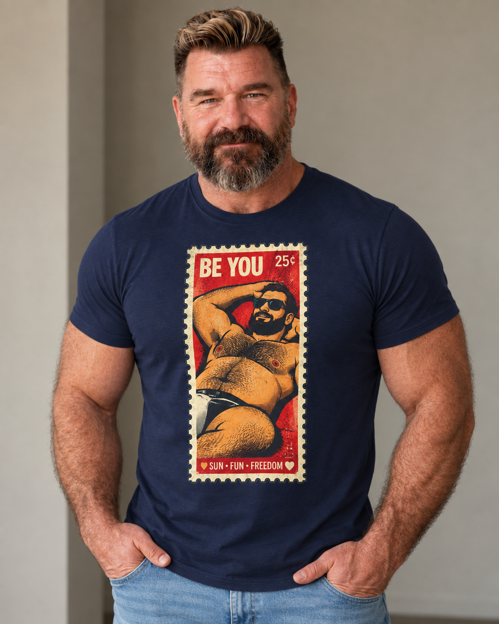 Gay Bear Shirt – Vintage Bear Pride Pin-Up T-Shirt, Retro Postage Stamp Art, LGBTQ Bear Culture Tee, Fur Ever