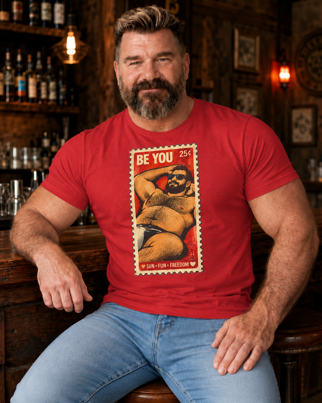 Gay Bear Shirt – Vintage Bear Pride Pin-Up T-Shirt, Retro Postage Stamp Art, LGBTQ Bear Culture Tee, Fur Ever