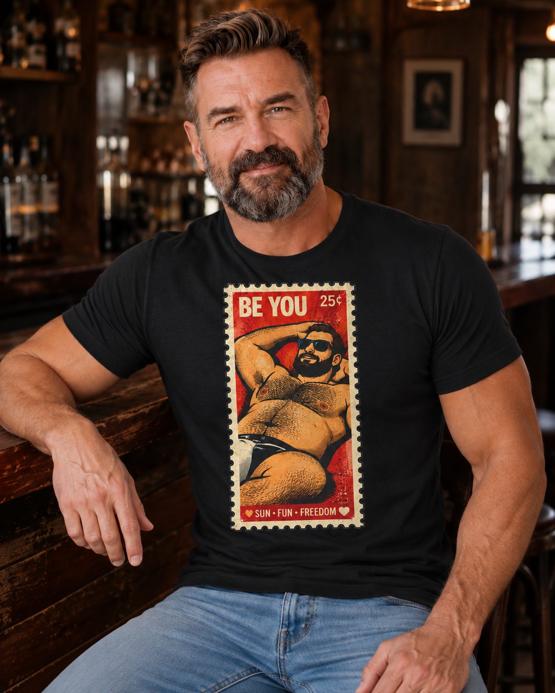 Gay Bear Shirt – Vintage Bear Pride Pin-Up T-Shirt, Retro Postage Stamp Art, LGBTQ Bear Culture Tee, Fur Ever