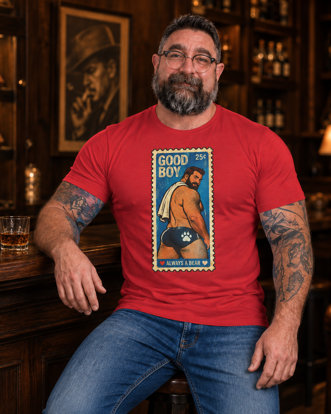 Gay Bear Shirt – Vintage Bear Pride Pin-Up T-Shirt, Retro Postage Stamp Art, LGBTQ Bear Culture Tee, Fur Ever