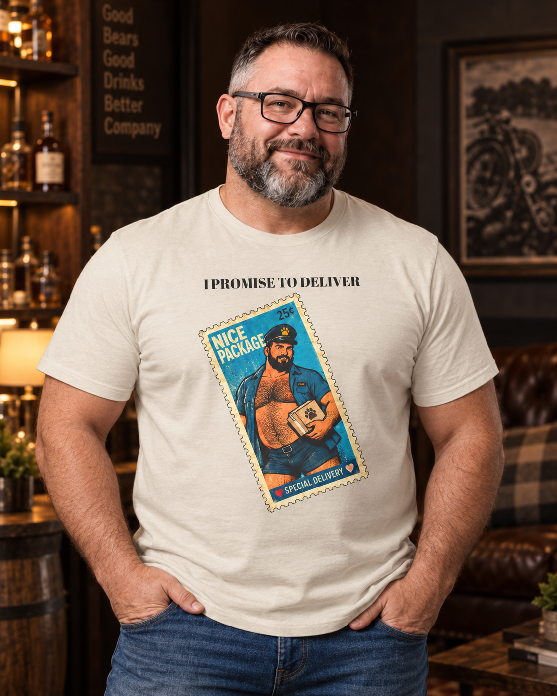 Gay Bear Shirt – Vintage Bear Pride Pin-Up T-Shirt, Retro Postage Stamp Art, LGBTQ Bear Culture Tee.
