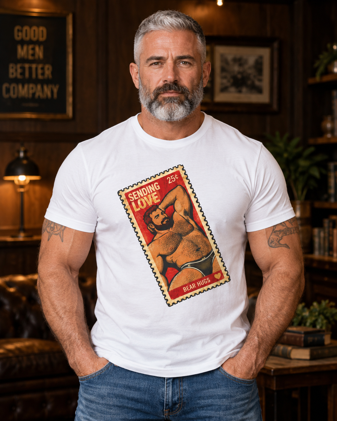 Gay Bear Shirt – Vintage Bear Pride Pin-Up T-Shirt, Retro Postage Stamp Art, LGBTQ Bear Culture Tee