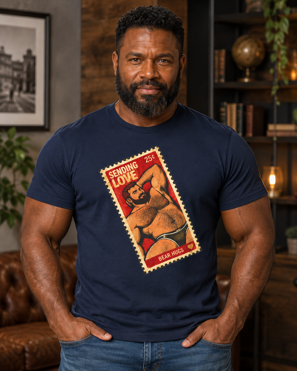 Gay Bear Shirt – Vintage Bear Pride Pin-Up T-Shirt, Retro Postage Stamp Art, LGBTQ Bear Culture Tee