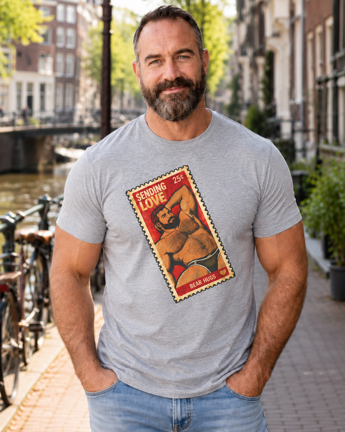 Gay Bear Shirt – Vintage Bear Pride Pin-Up T-Shirt, Retro Postage Stamp Art, LGBTQ Bear Culture Tee