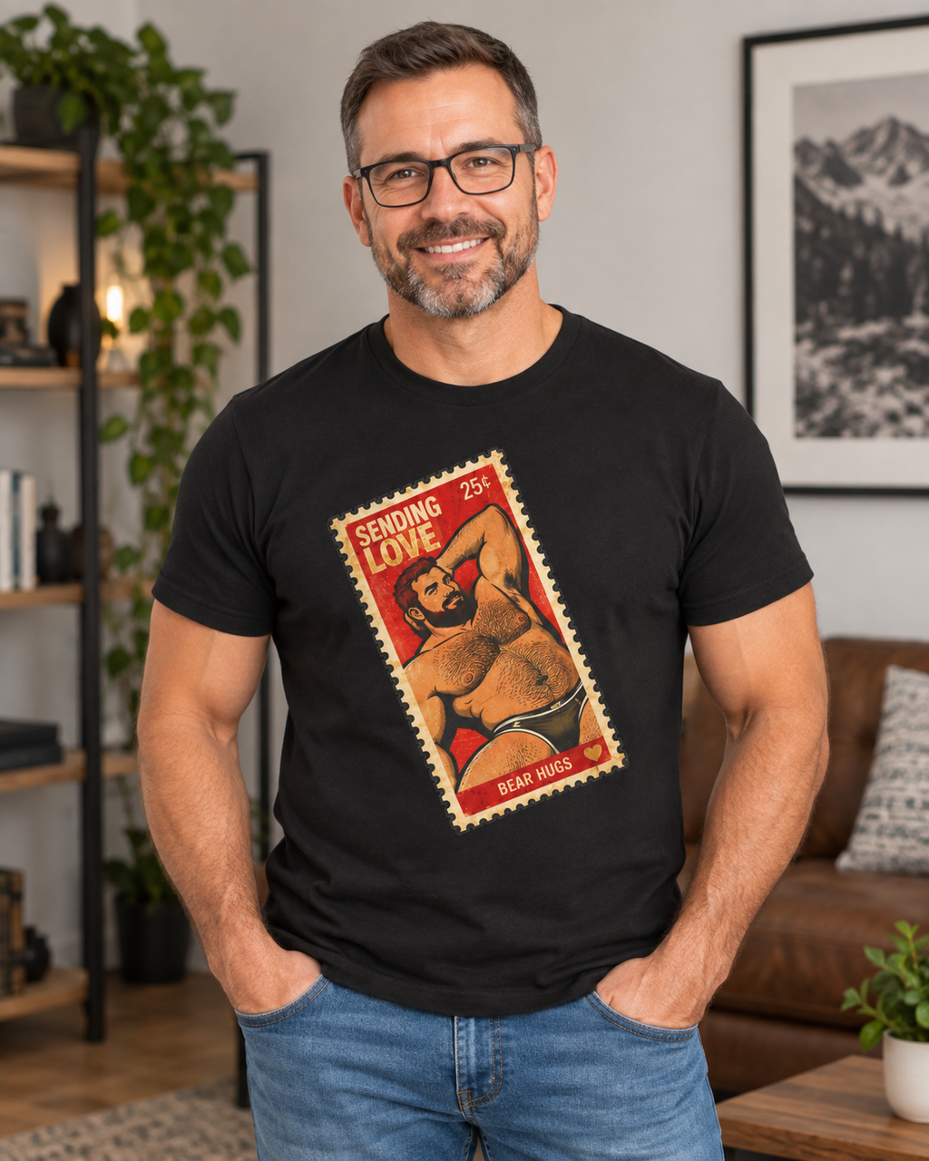 Gay Bear Shirt – Vintage Bear Pride Pin-Up T-Shirt, Retro Postage Stamp Art, LGBTQ Bear Culture Tee