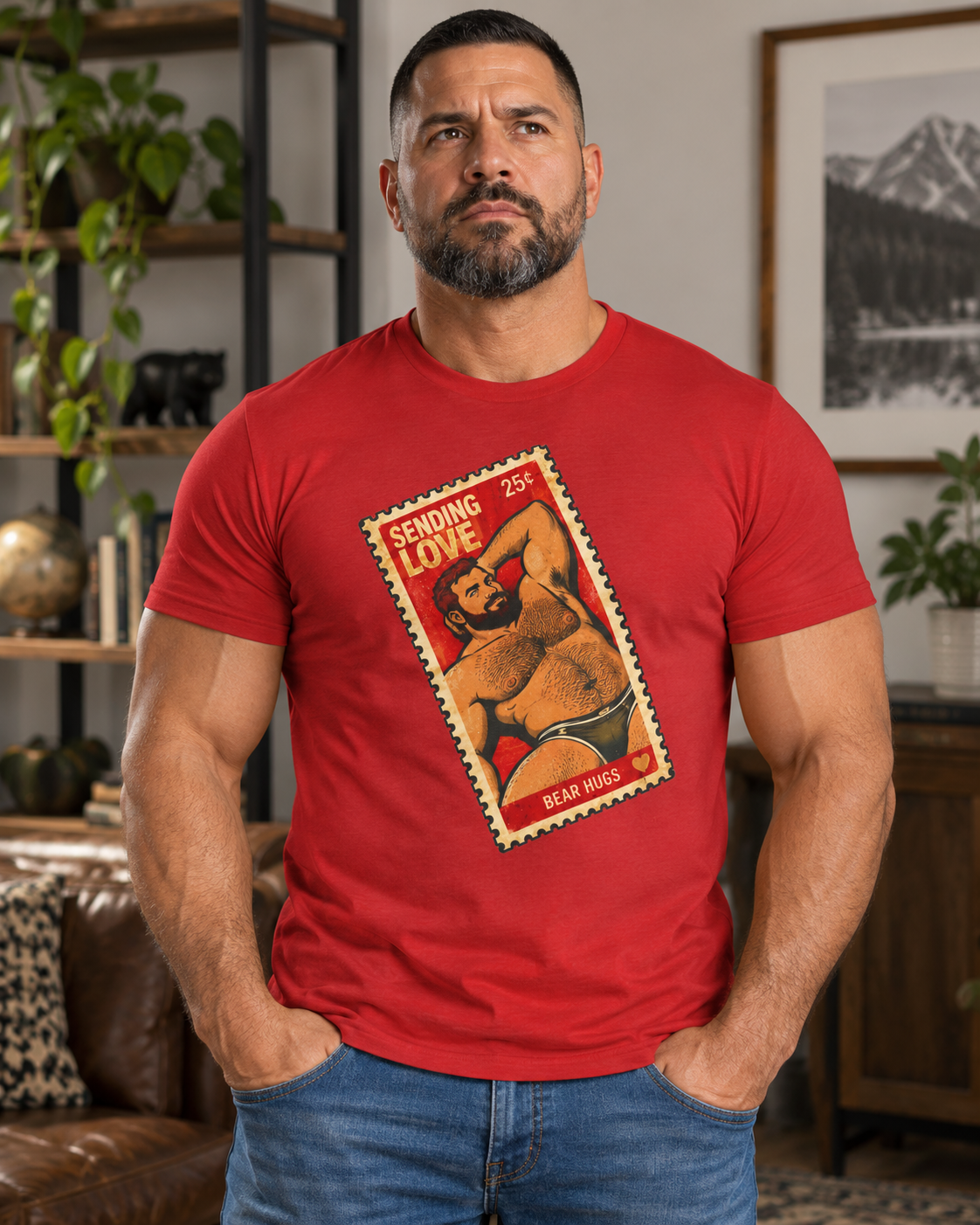 Gay Bear Shirt – Vintage Bear Pride Pin-Up T-Shirt, Retro Postage Stamp Art, LGBTQ Bear Culture Tee