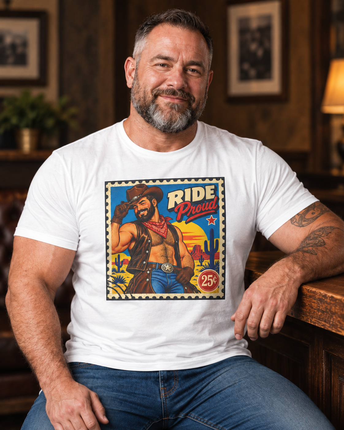 Gay Bear Shirt – Vintage Bear Pride Pin-Up T-Shirt, Retro Postage Stamp Art, LGBTQ Bear Culture Tee.