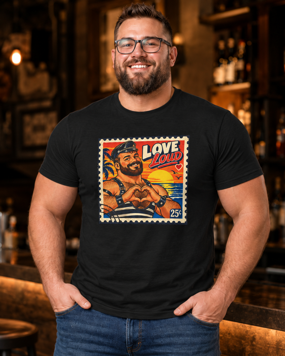 Gay Bear Shirt – Vintage Bear Pride Pin-Up T-Shirt, Retro Postage Stamp Art, LGBTQ Bear Culture Tee.