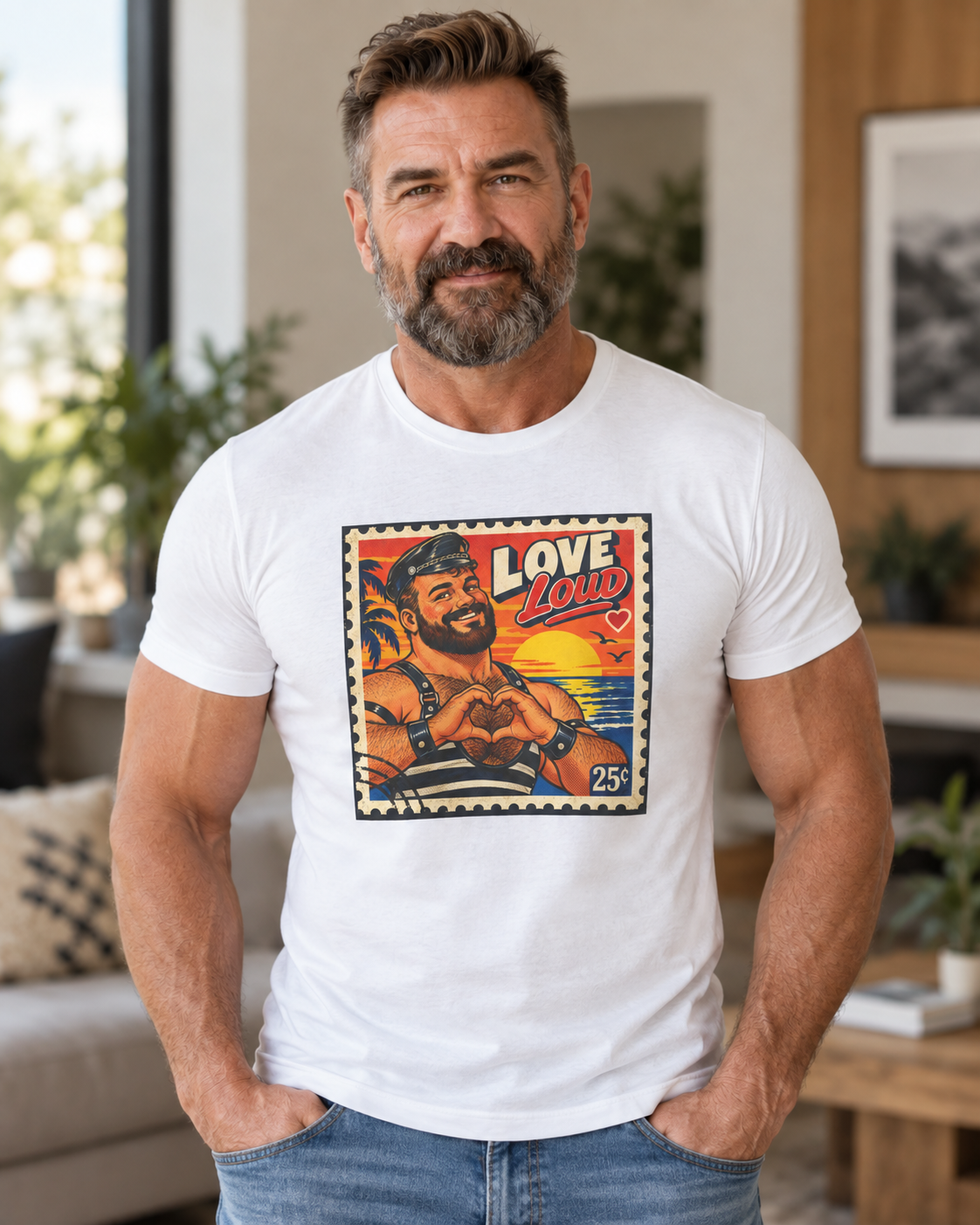 Gay Bear Shirt – Vintage Bear Pride Pin-Up T-Shirt, Retro Postage Stamp Art, LGBTQ Bear Culture Tee.
