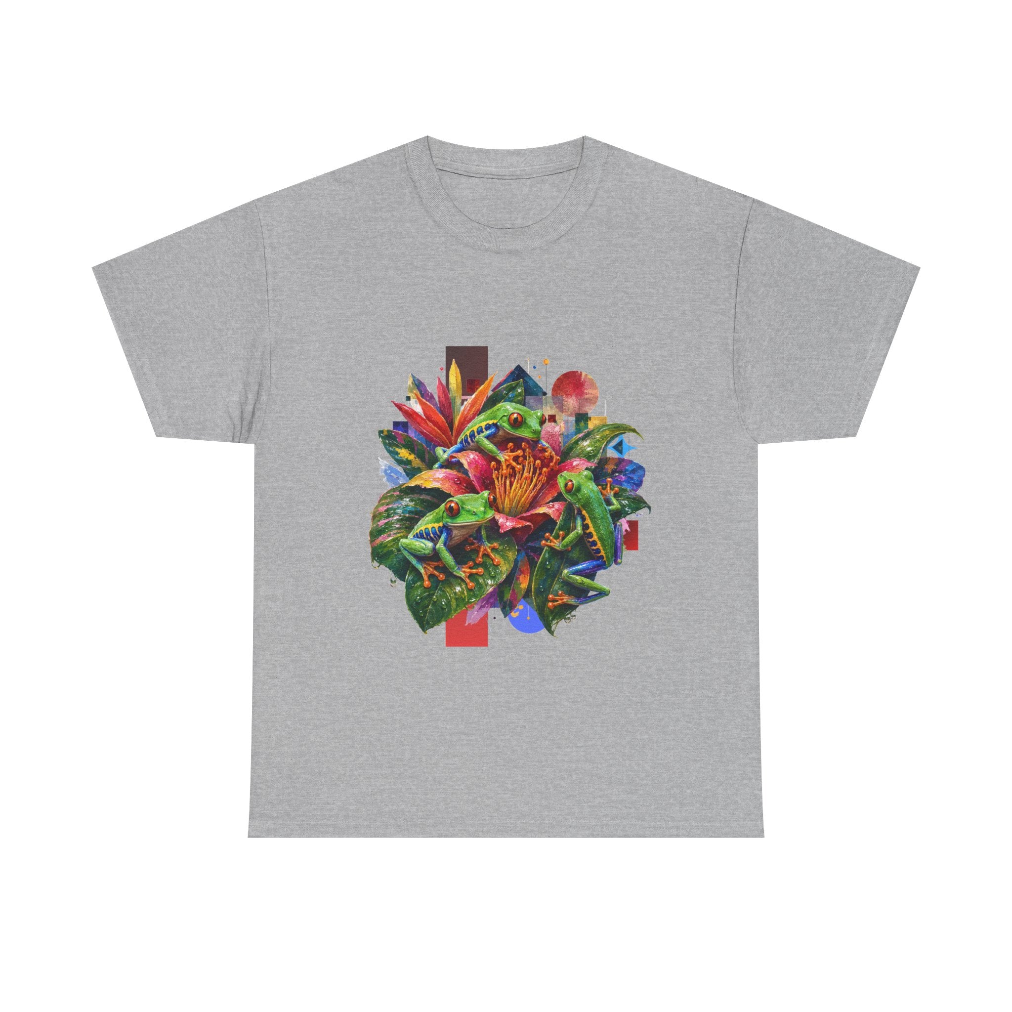 T-Shirt — Tropical Floral Collage Tee. Frog tee, Tree Frogs in Foliage. Eco-friendly reminder.