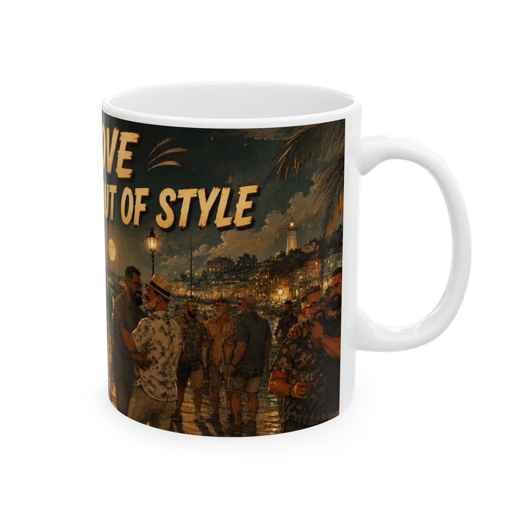 Ceramic Mug — "Bear Love Never Goes Out of Style" Vintage Night Street Art Coffee Cup (11oz/15oz)