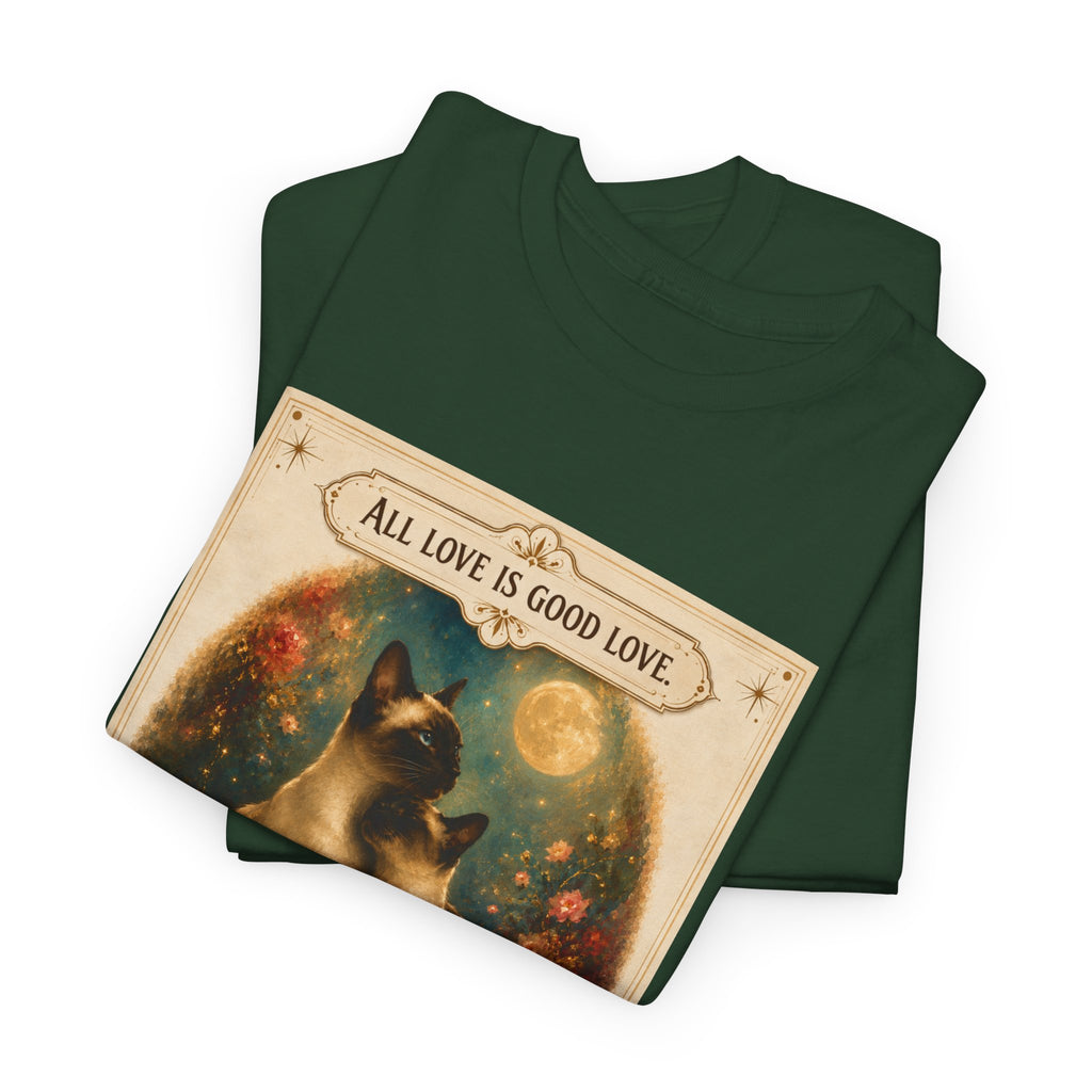 Cat Love Vintage Poster T-Shirt — "All Love Is Good Love" Graphic Tee. Siamese cats in love.